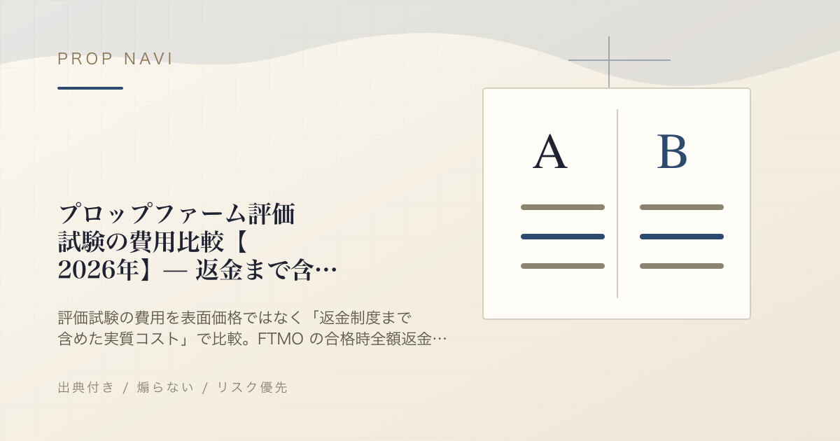 プロップファーム評価試験の費用比較【2026年】— 返金まで含めた「実質コスト」で選ぶ